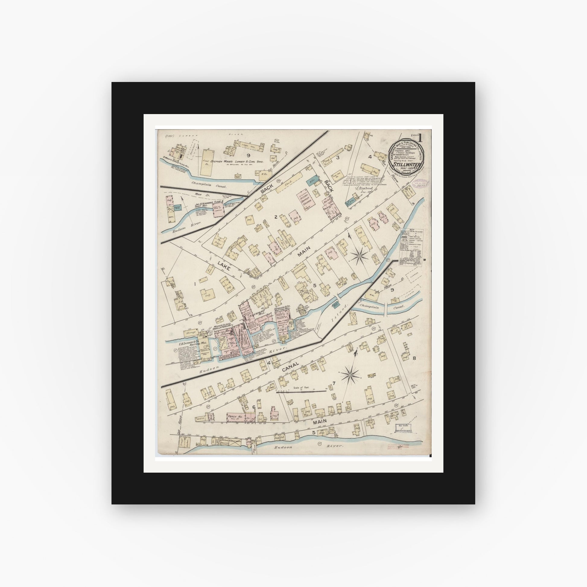 Old map wall art mockup — black gallery frame with white mat — Sanborn Fire Insurance Map from Stillwater, Saratoga County, New York (1887) - Complete Map Set