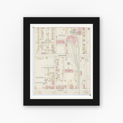 Old map wall art mockup — black gallery frame with white mat — Sanborn Fire Insurance Map from Steubenville, Jefferson County, Ohio (1885), Sheet #0005