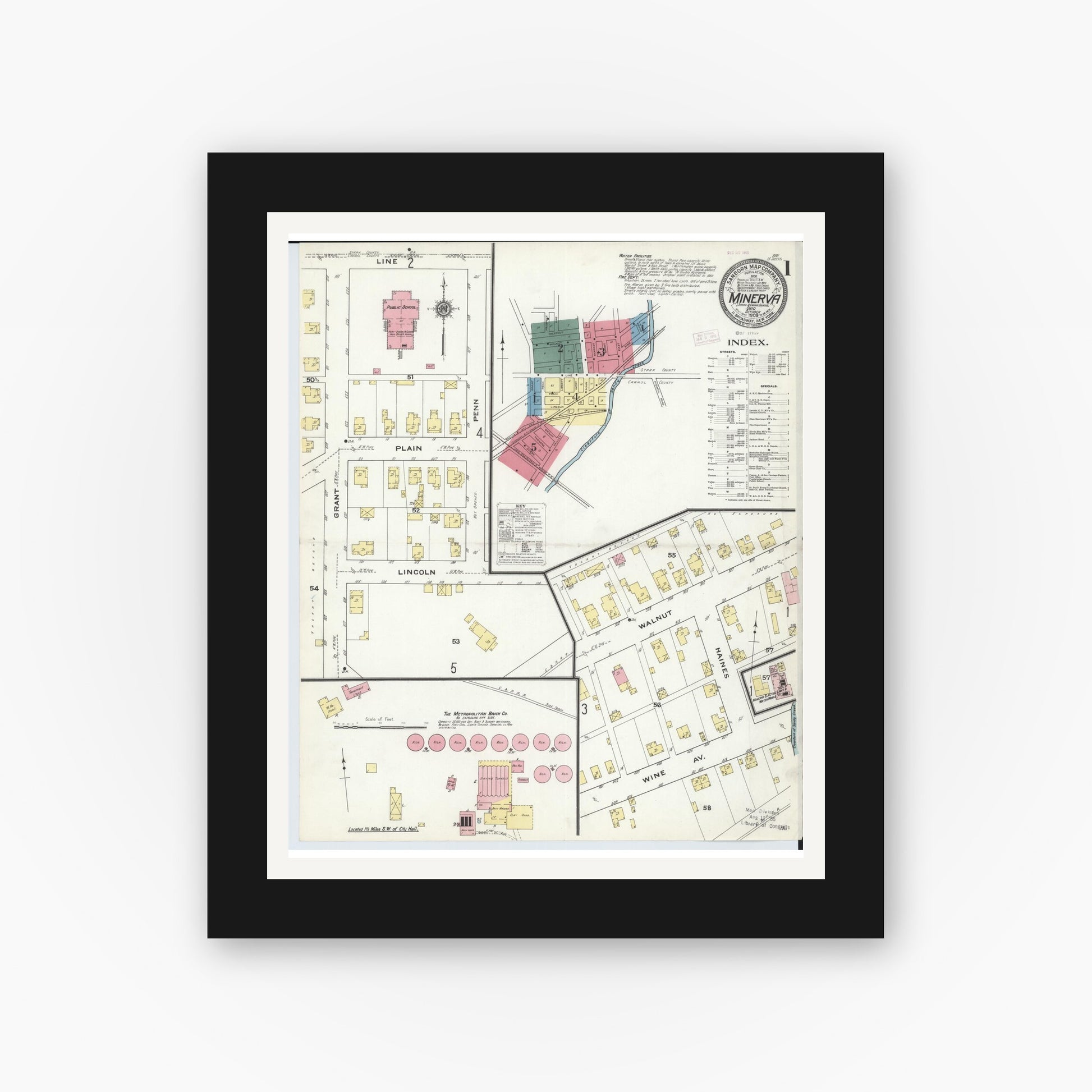 Old map wall art mockup — black gallery frame with white mat — Sanborn Fire Insurance Map from Minerva, Stark And Carroll Counties, Ohio (1909), Sheet #0001