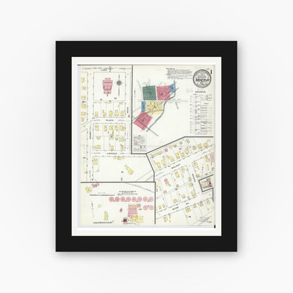 Old map wall art mockup — black gallery frame with white mat — Sanborn Fire Insurance Map from Minerva, Stark And Carroll Counties, Ohio (1909), Sheet #0001