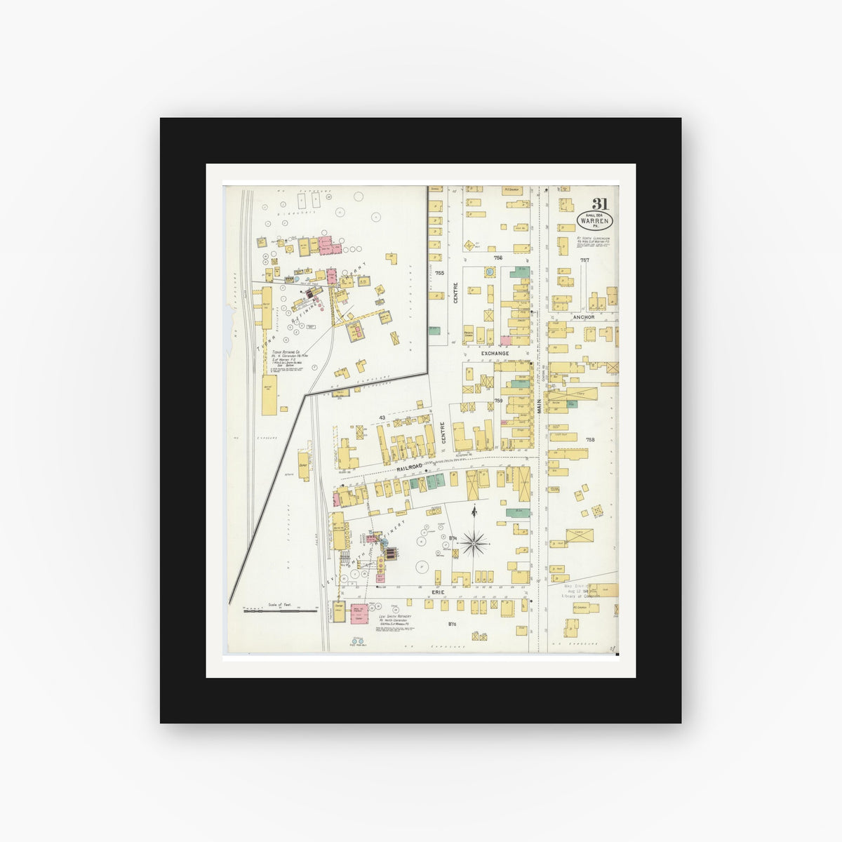 Old map wall art mockup — black gallery frame with white mat — Sanborn Fire Insurance Map from Warren, Warren County, Pennsylvania (1904), Sheet #0031
