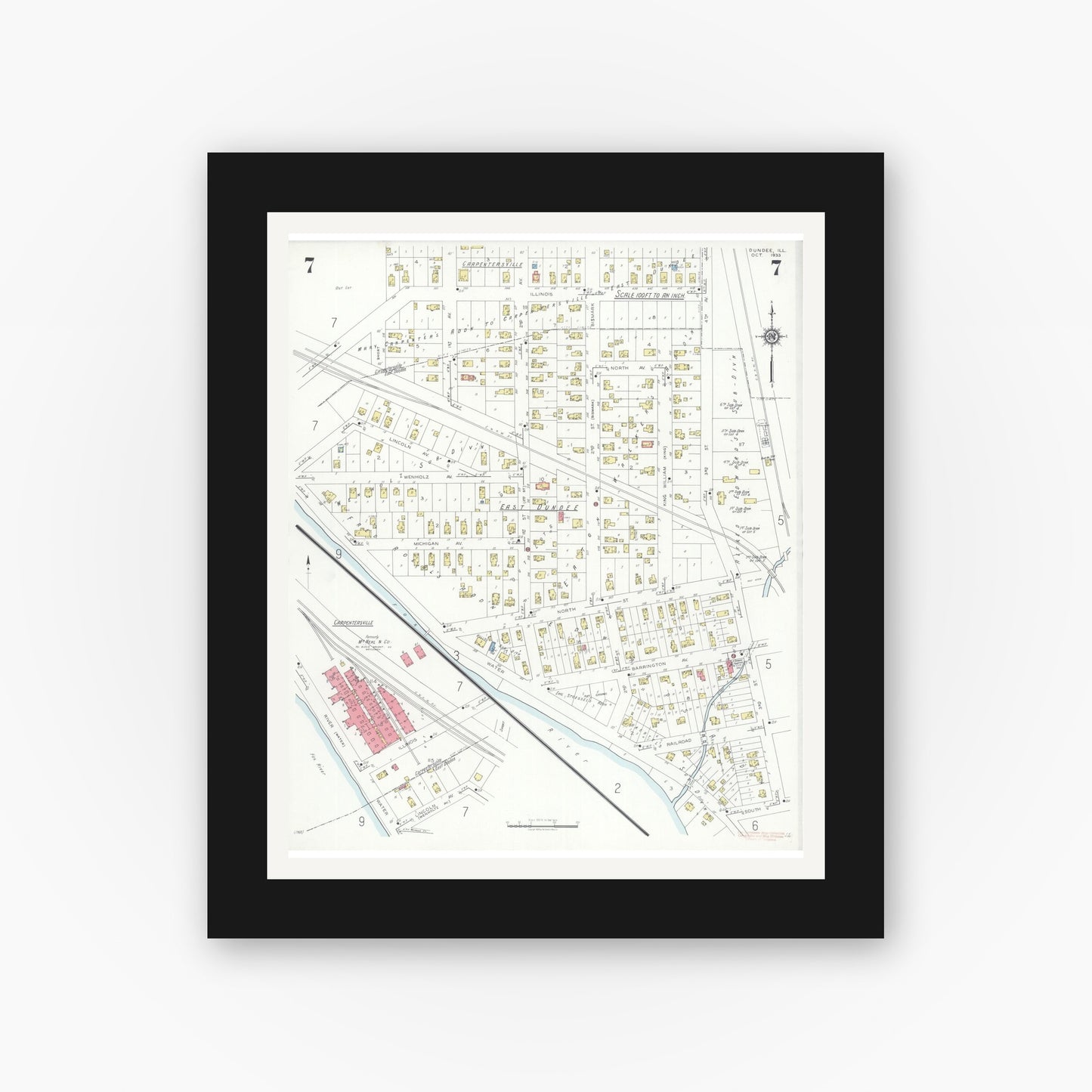 Old map wall art mockup — black gallery frame with white mat — Sanborn Fire Insurance Map from Dundee, Kane County, Illinois (1933), Sheet #0007