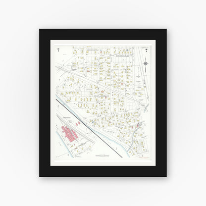 Old map wall art mockup — black gallery frame with white mat — Sanborn Fire Insurance Map from Dundee, Kane County, Illinois (1933), Sheet #0007