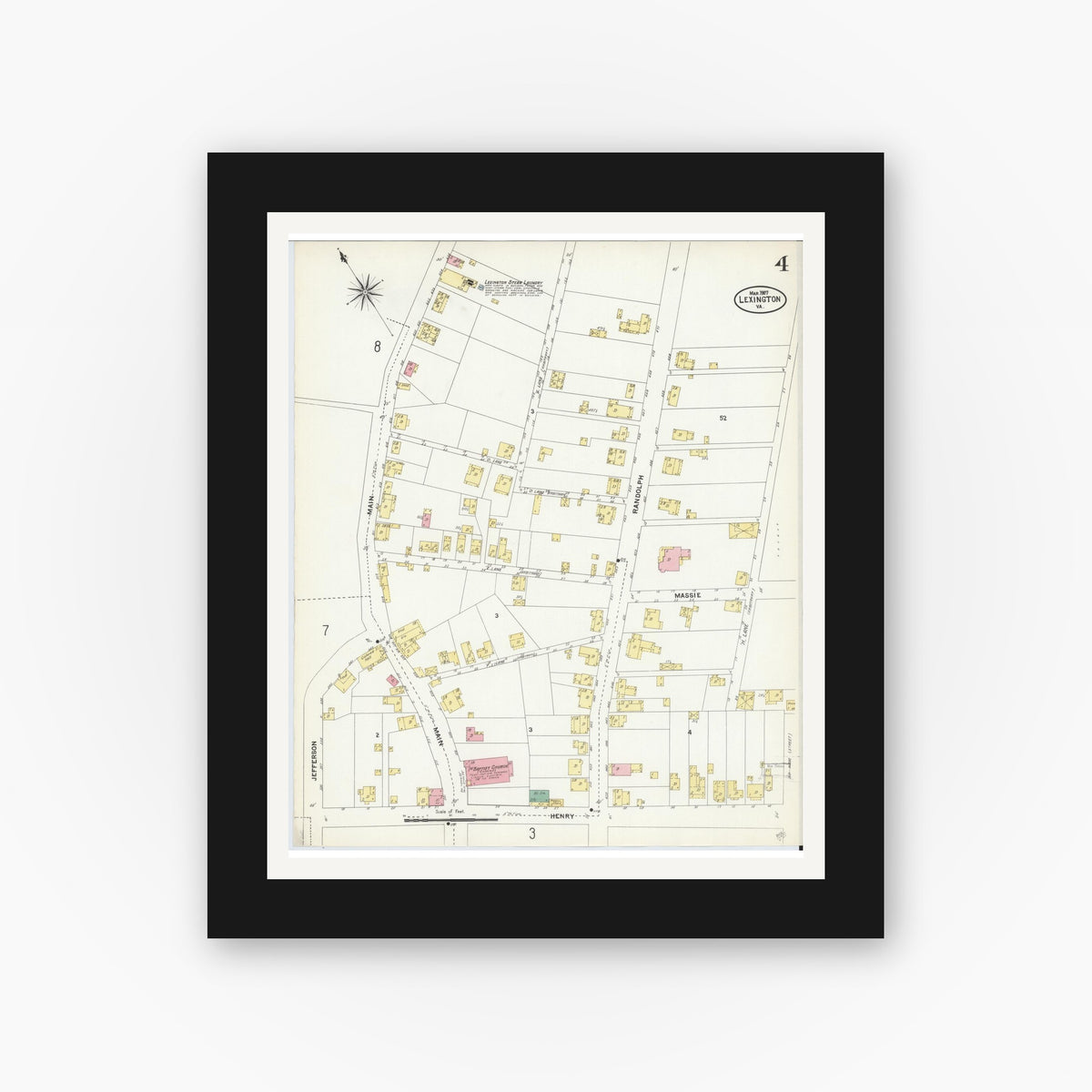 Old map wall art mockup — black gallery frame with white mat — Sanborn Fire Insurance Map from Lexington, Independent Cities, Virginia (1907), Sheet #0004