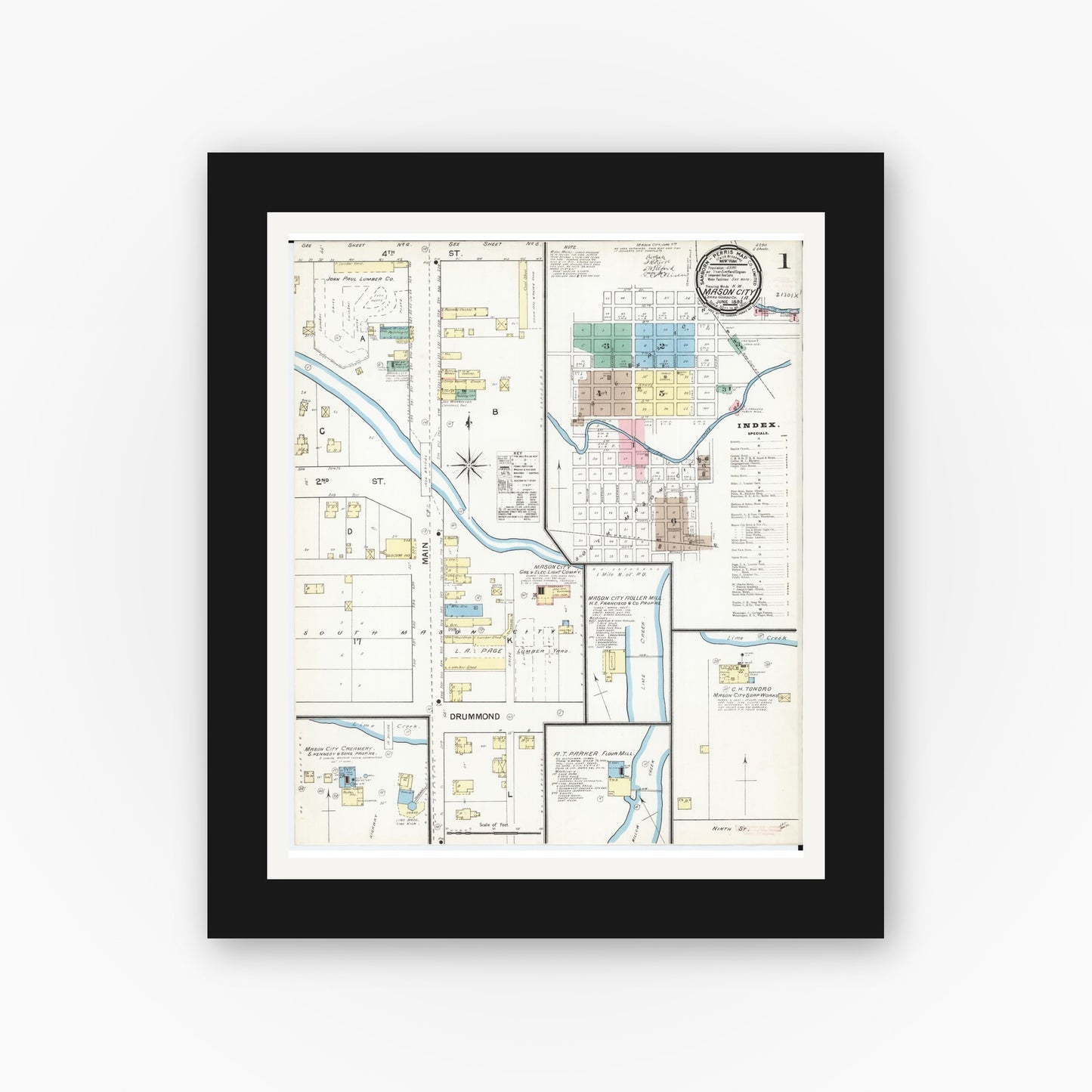 Old map wall art mockup — black gallery frame with white mat — Sanborn Fire Insurance Map from Mason City, Cerro Gordo County, Iowa (1892) â€” Complete Set