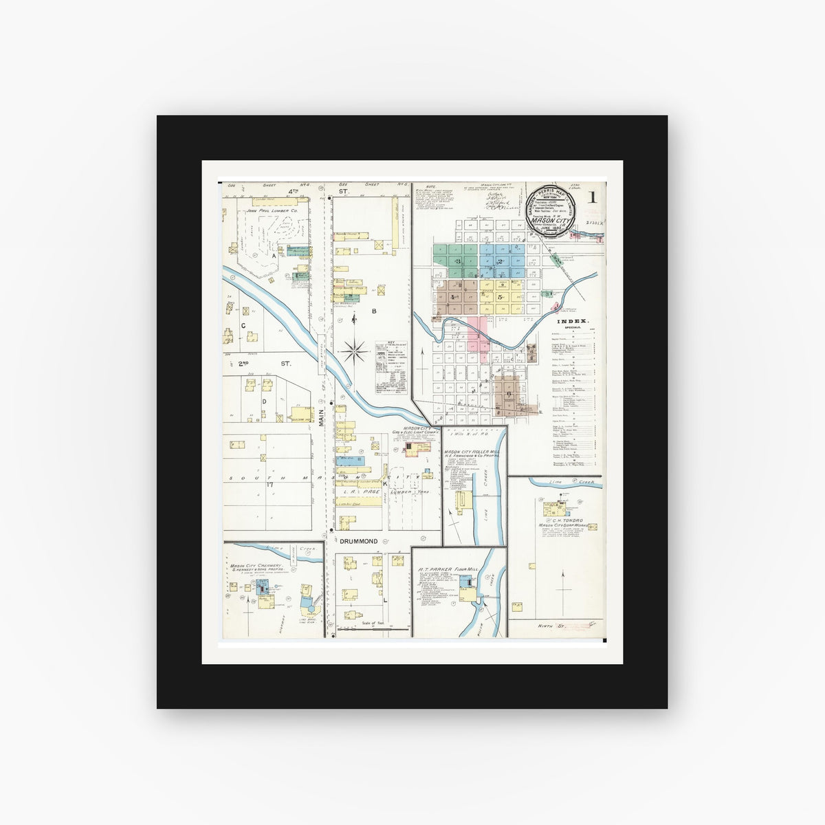 Old map wall art mockup — black gallery frame with white mat — Sanborn Fire Insurance Map from Mason City, Cerro Gordo County, Iowa (1892) â€” Complete Set