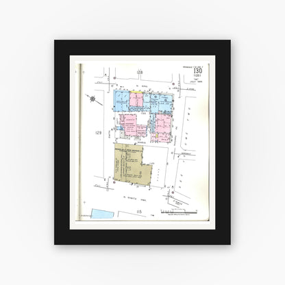 Old map wall art mockup — black gallery frame with white mat — Sanborn Fire Insurance Map from Honolulu, Oahu County, Hawaii (1955), Sheet #0130