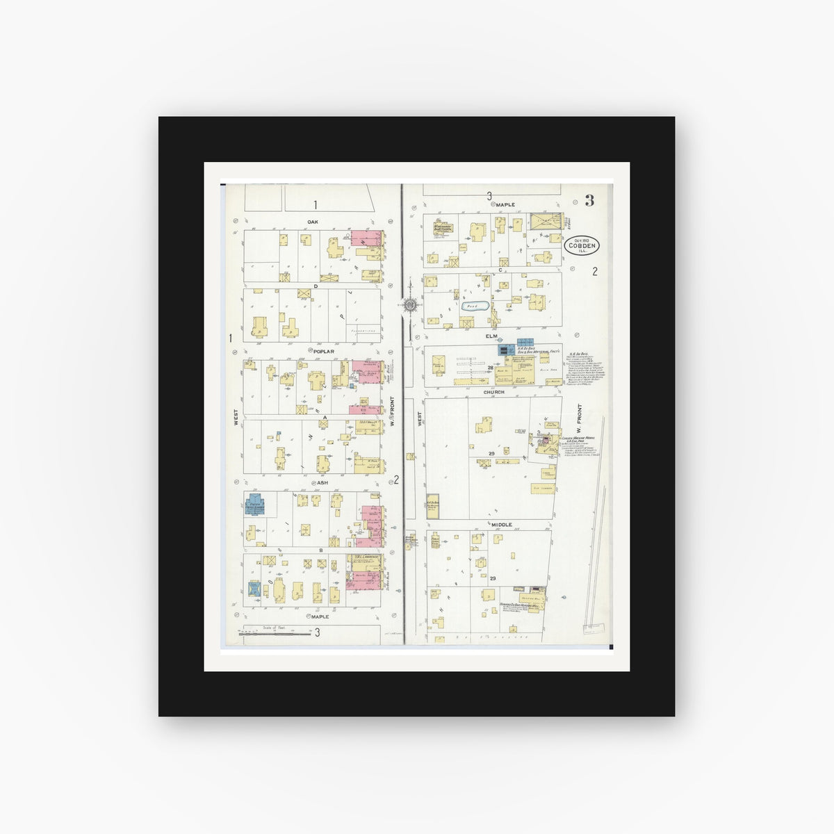 Old map wall art mockup — black gallery frame with white mat — Sanborn Fire Insurance Map from Cobden, Union County, Illinois (1910), Sheet #0003