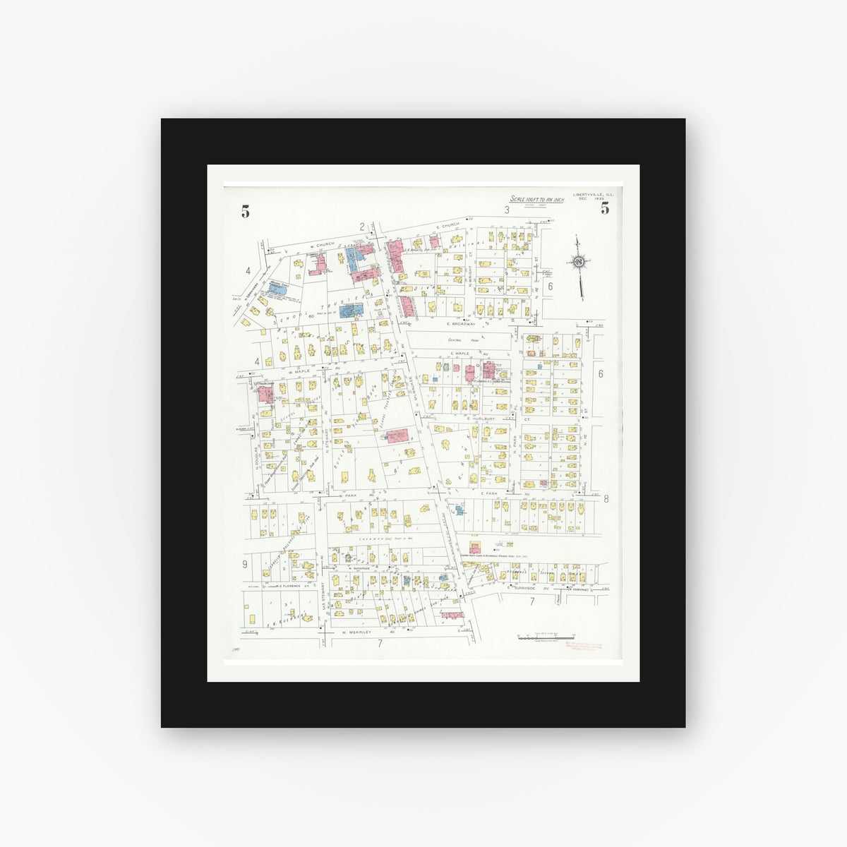 Old map wall art mockup — black gallery frame with white mat — Sanborn Fire Insurance Map from Libertyville, Lake County, Illinois (1933), Sheet #0005