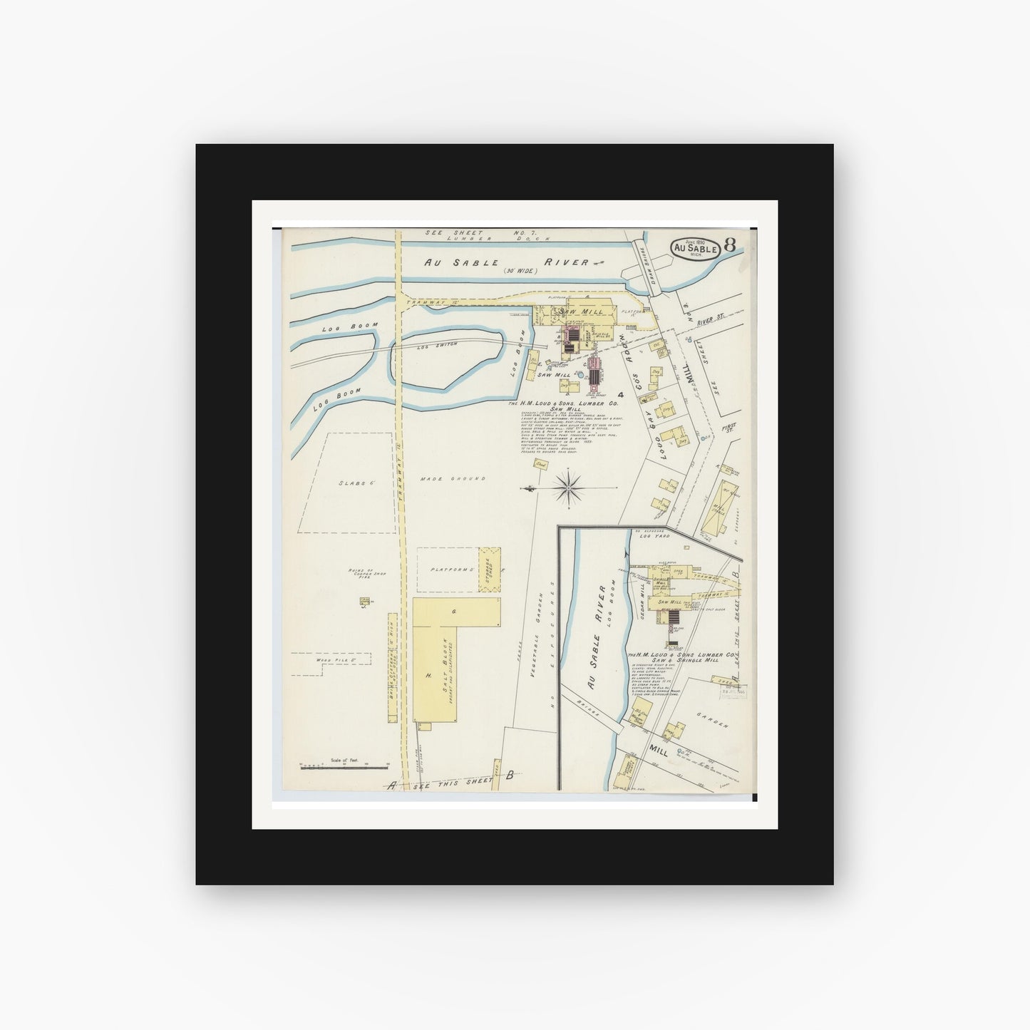 Old map wall art mockup — black gallery frame with white mat — Sanborn Fire Insurance Map from Oscoda, Iosco County, Michigan (1890), Sheet #0008