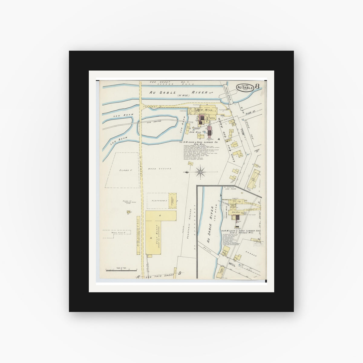 Old map wall art mockup — black gallery frame with white mat — Sanborn Fire Insurance Map from Oscoda, Iosco County, Michigan (1890), Sheet #0008