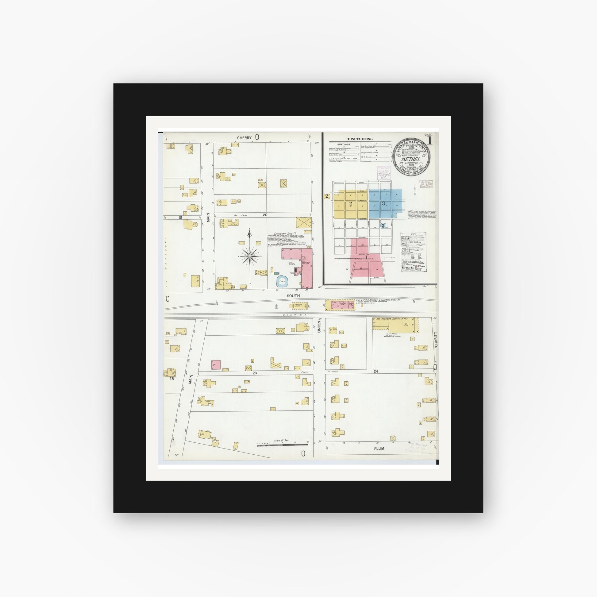 Old map wall art mockup — black gallery frame with white mat — Sanborn Fire Insurance Map from Bethel, Clermont County, Ohio (1904), Sheet #0001