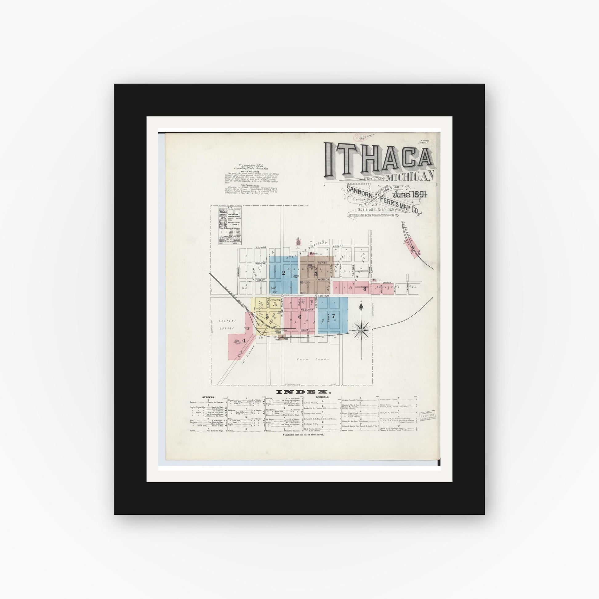 Old map wall art mockup — black gallery frame with white mat — Sanborn Fire Insurance Map from Ithaca, Gratiot County, Michigan (1891) - Complete Map Set