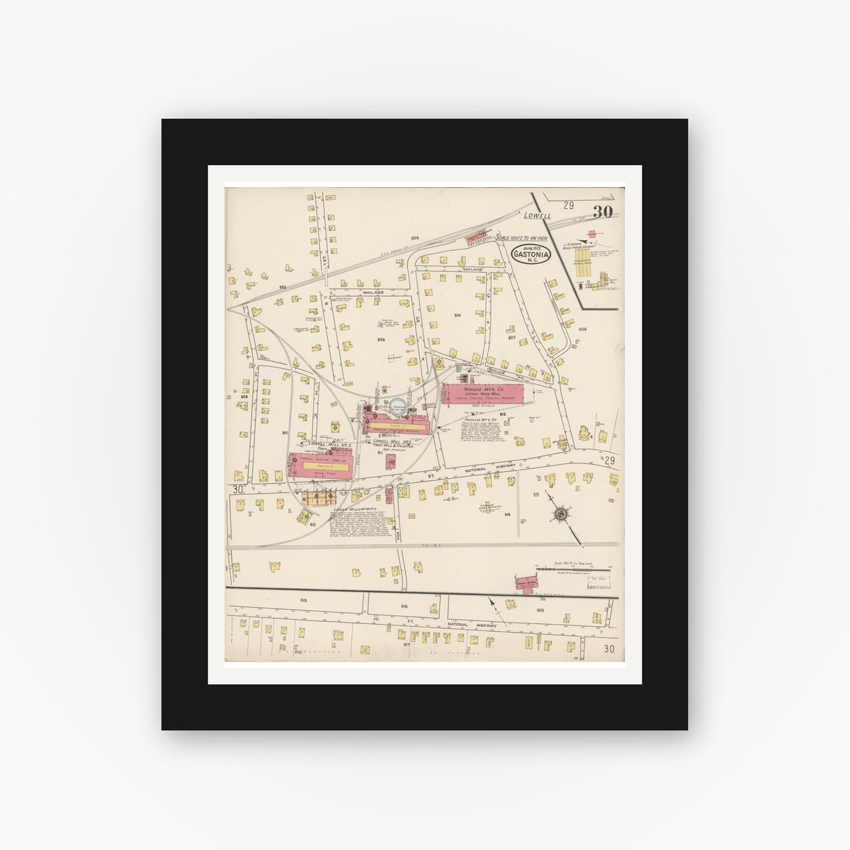 Old map wall art mockup — black gallery frame with white mat — Sanborn Fire Insurance Map from Gastonia, Gaston County, North Carolina (1922), Sheet #0030