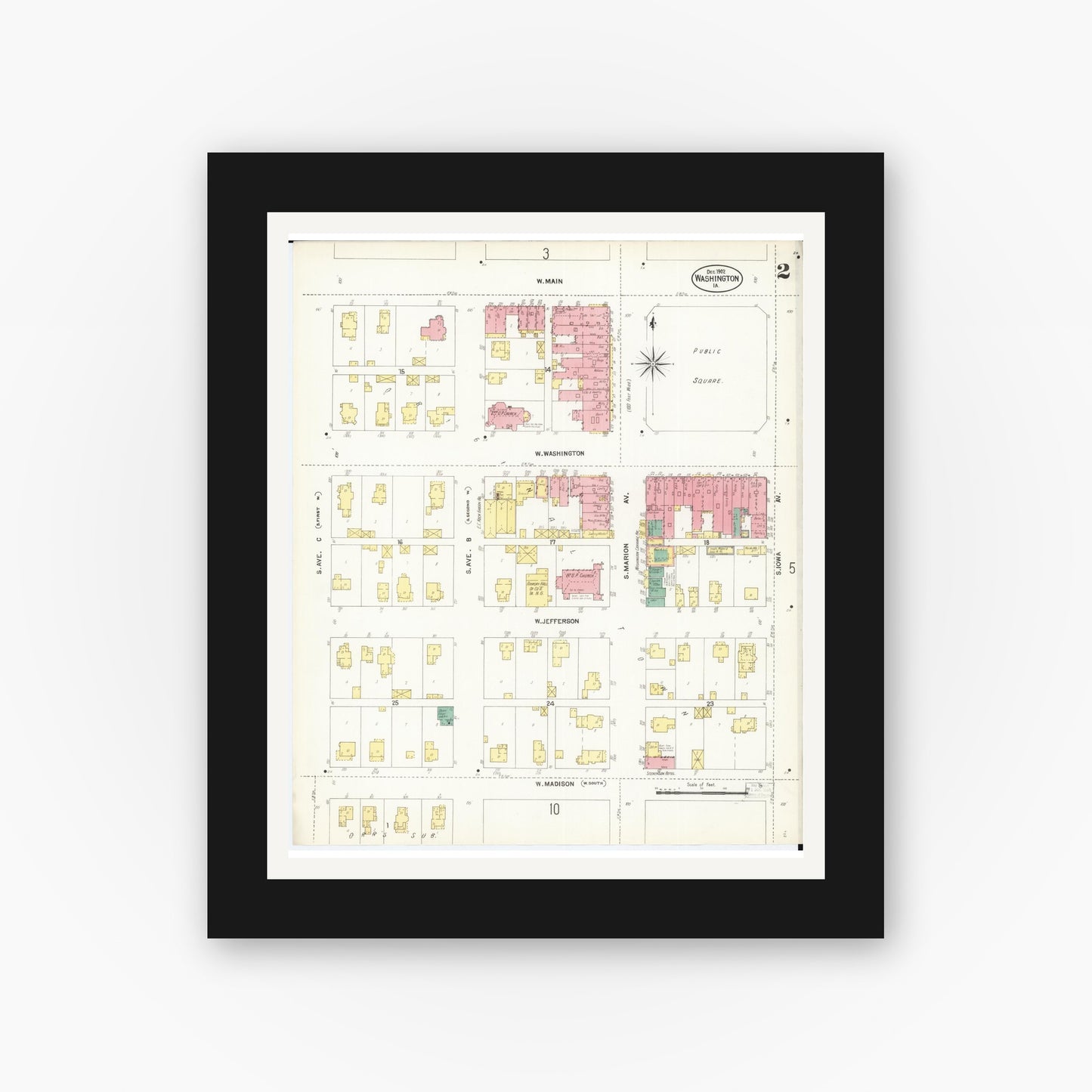 Old map wall art mockup — black gallery frame with white mat — Sanborn Fire Insurance Map from Washington, Washington County, Iowa (1902), Sheet #0002