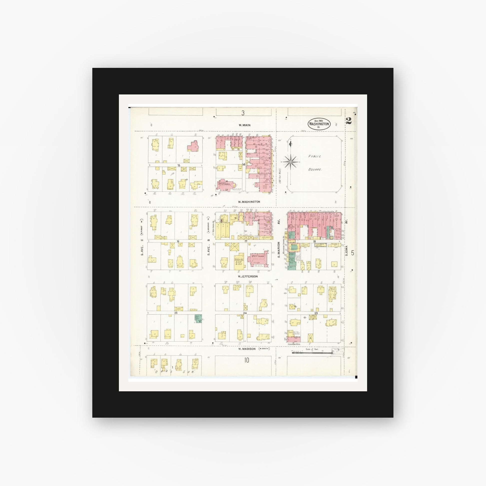 Old map wall art mockup — black gallery frame with white mat — Sanborn Fire Insurance Map from Washington, Washington County, Iowa (1902), Sheet #0002