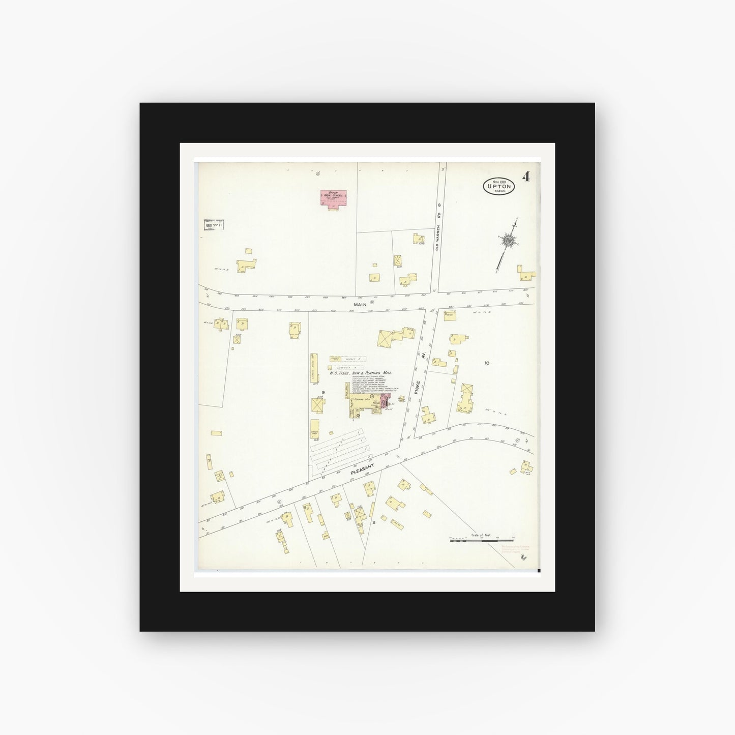 Old map wall art mockup — black gallery frame with white mat — Sanborn Fire Insurance Map from Upton, Worcester County, Massachusetts (1910), Sheet #0004