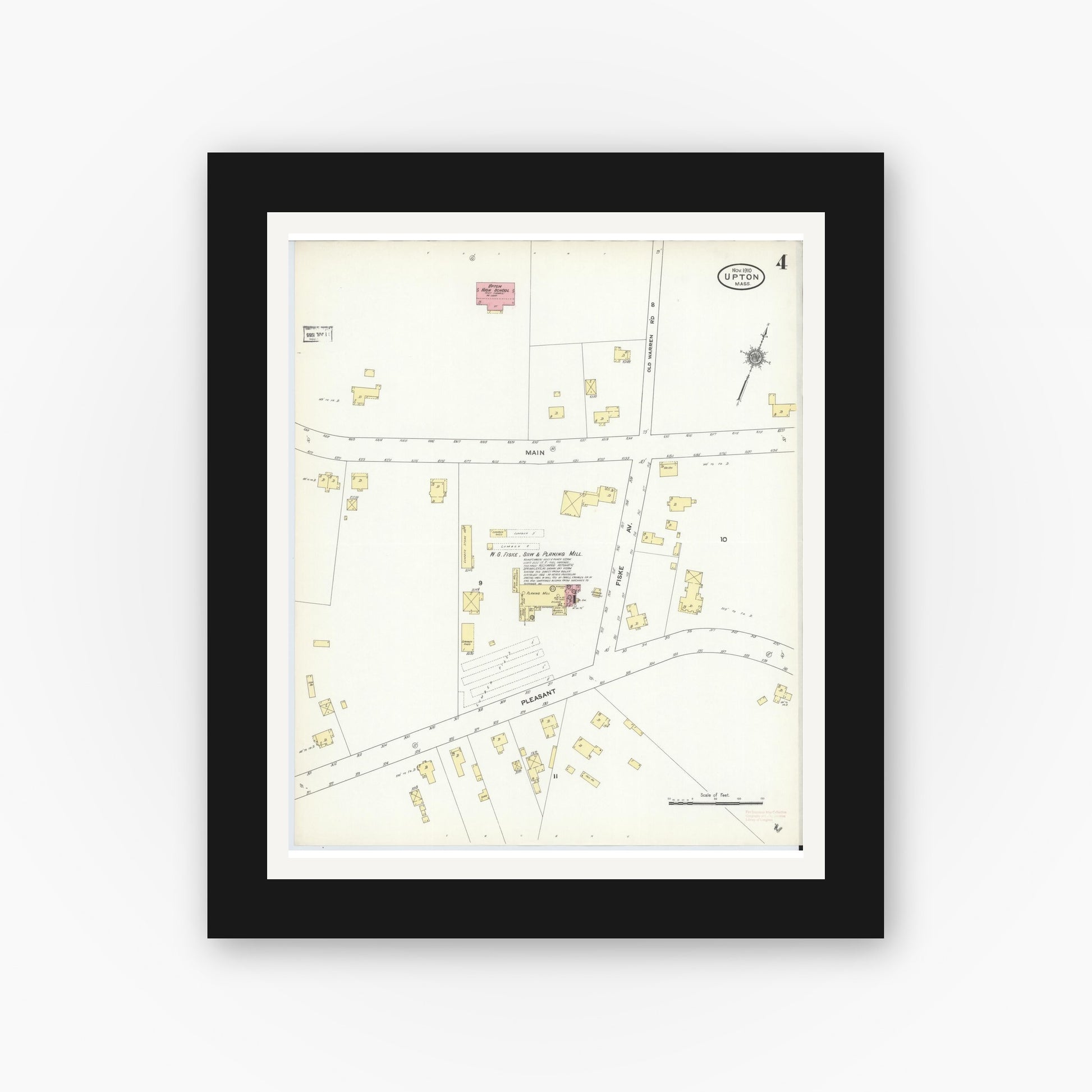 Old map wall art mockup — black gallery frame with white mat — Sanborn Fire Insurance Map from Upton, Worcester County, Massachusetts (1910), Sheet #0004