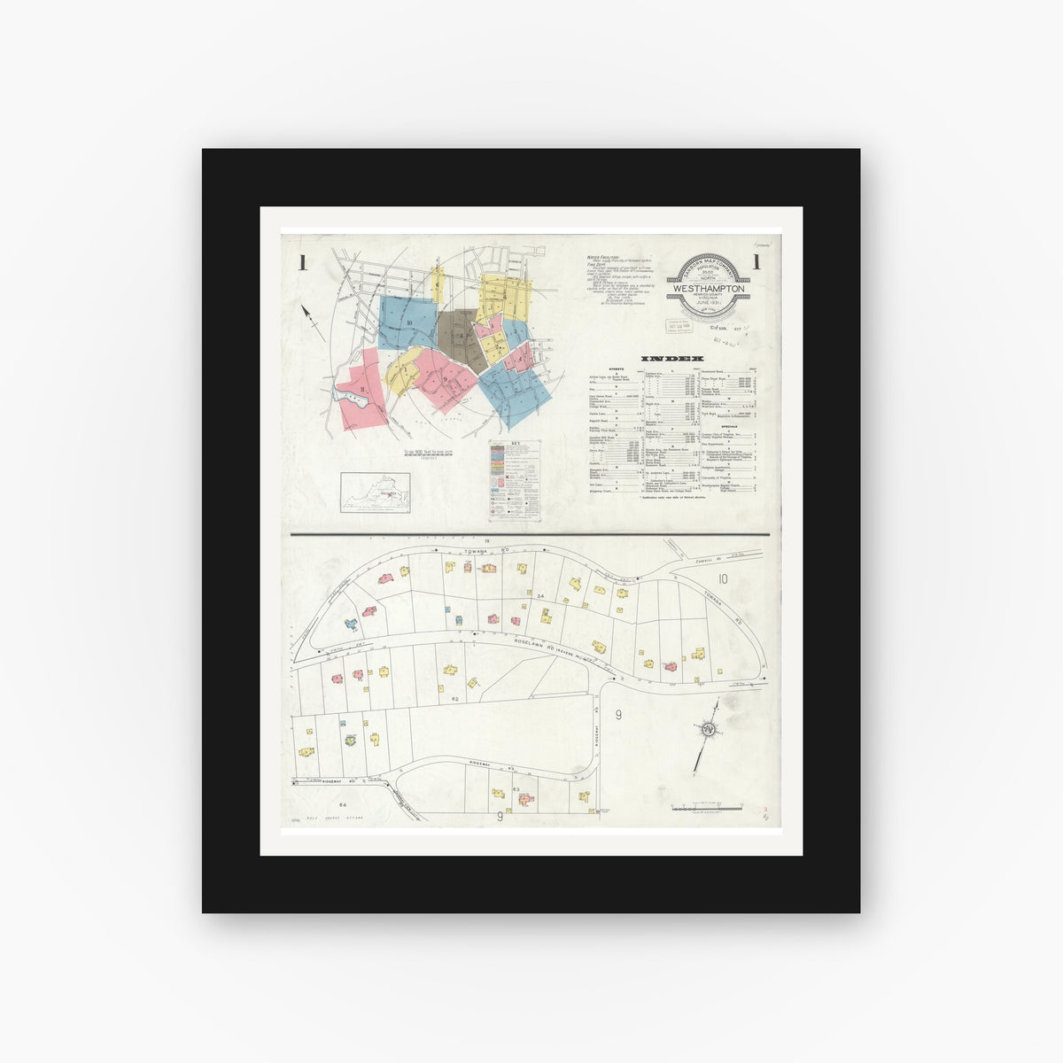 Old map wall art mockup — black gallery frame with white mat — Sanborn Fire Insurance Map from Westhampton, Henrico County, Virginia (1931) - Complete Map Set