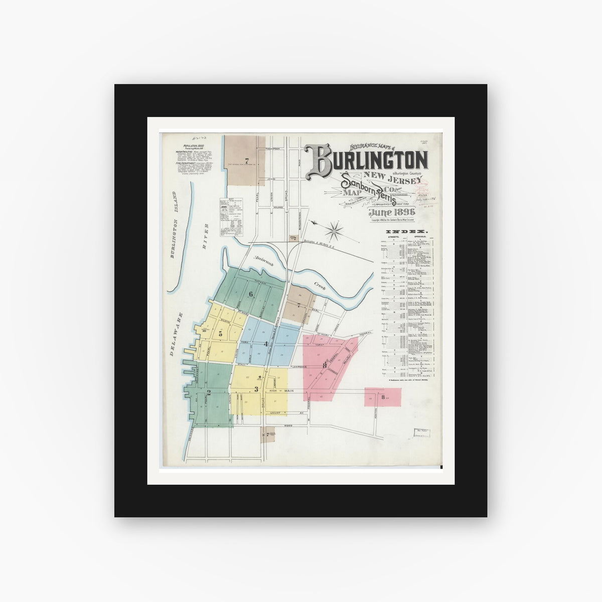 Old map wall art mockup — black gallery frame with white mat — Sanborn Fire Insurance Map from Burlington, Burlington County, New Jersey (1896) - Complete Map Set