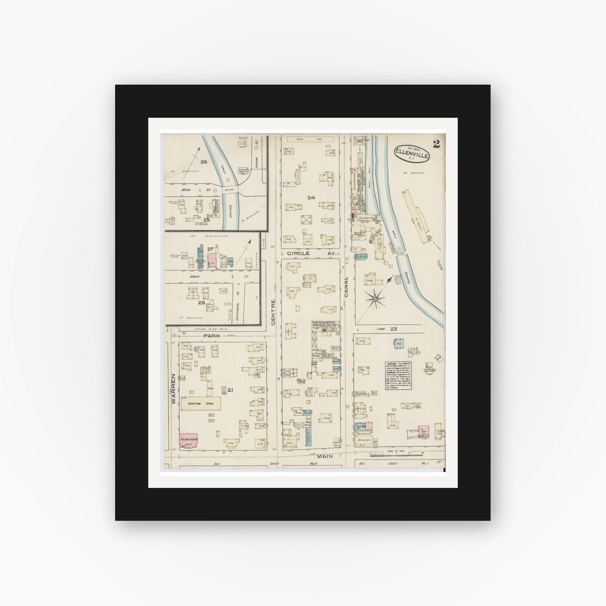 Old map wall art mockup — black gallery frame with white mat — Sanborn Fire Insurance Map from Ellenville, Ulster County, New York (1884), Sheet #0002