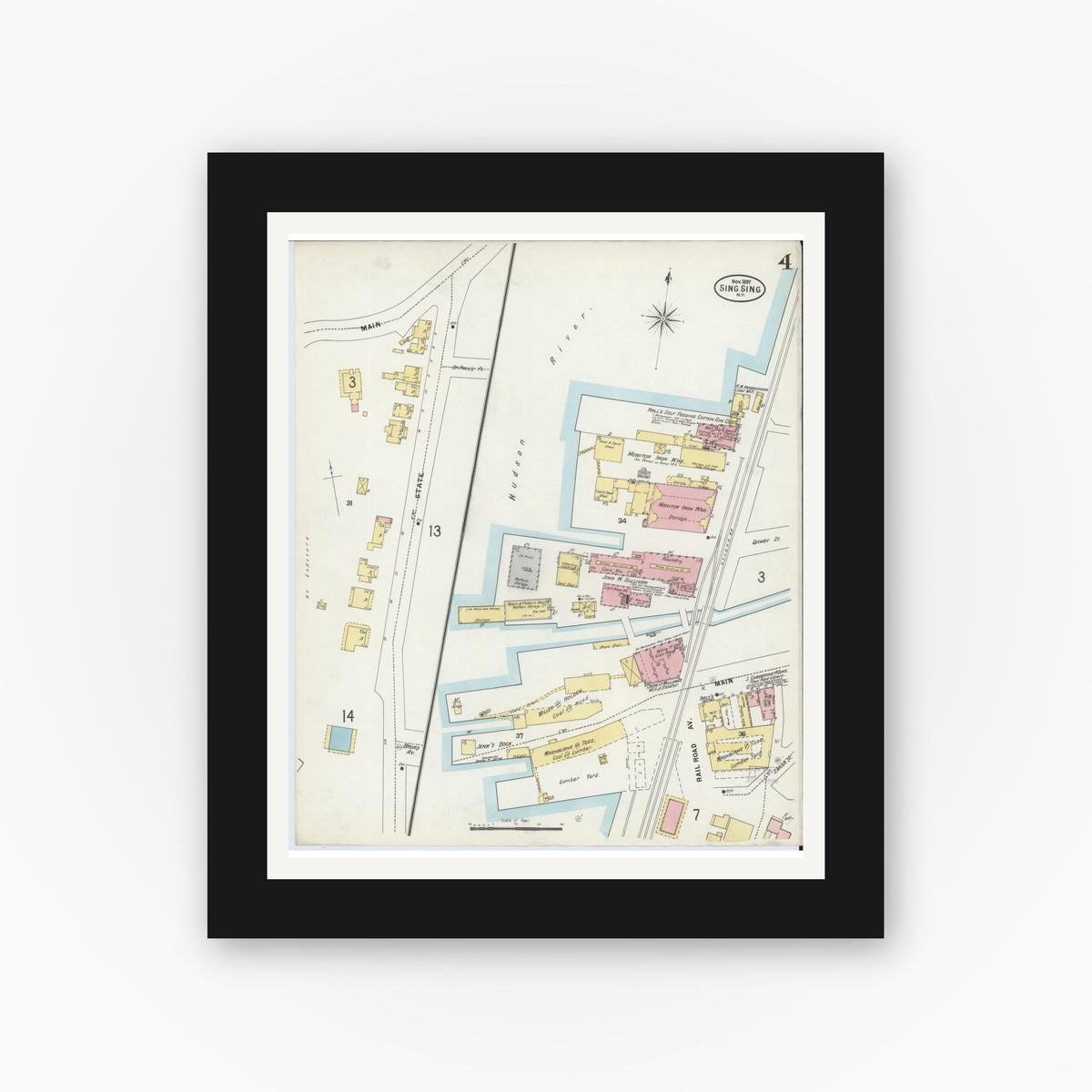 Old map wall art mockup — black gallery frame with white mat — Sanborn Fire Insurance Map from Sing Sing, Westchester County, New York (1897), Sheet #0004