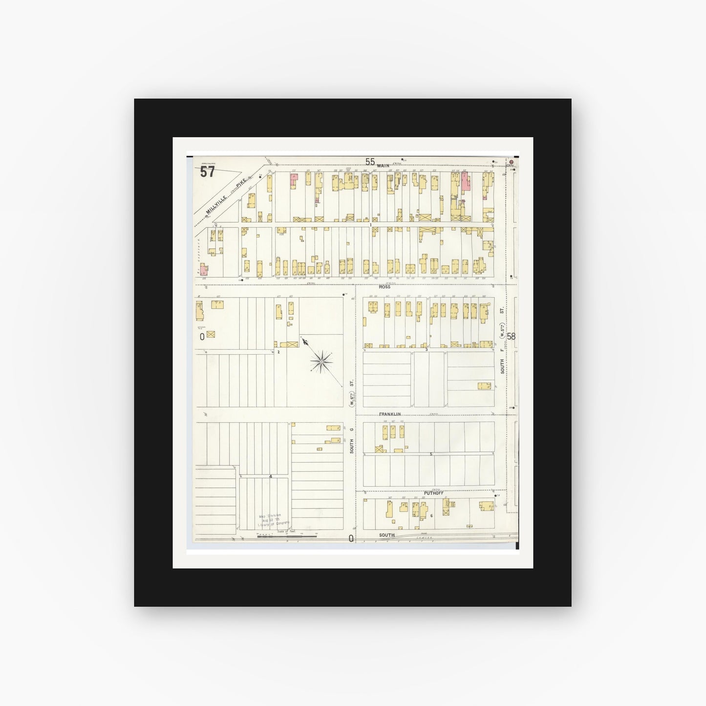 Old map wall art mockup — black gallery frame with white mat — Sanborn Fire Insurance Map from Hamilton, Butler County, Ohio (1899), Sheet #0057