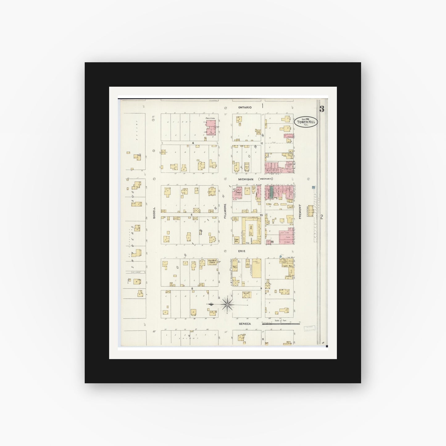 Old map wall art mockup — black gallery frame with white mat — Sanborn Fire Insurance Map from Tower Hill, Shelby County, Illinois (1906), Sheet #0003