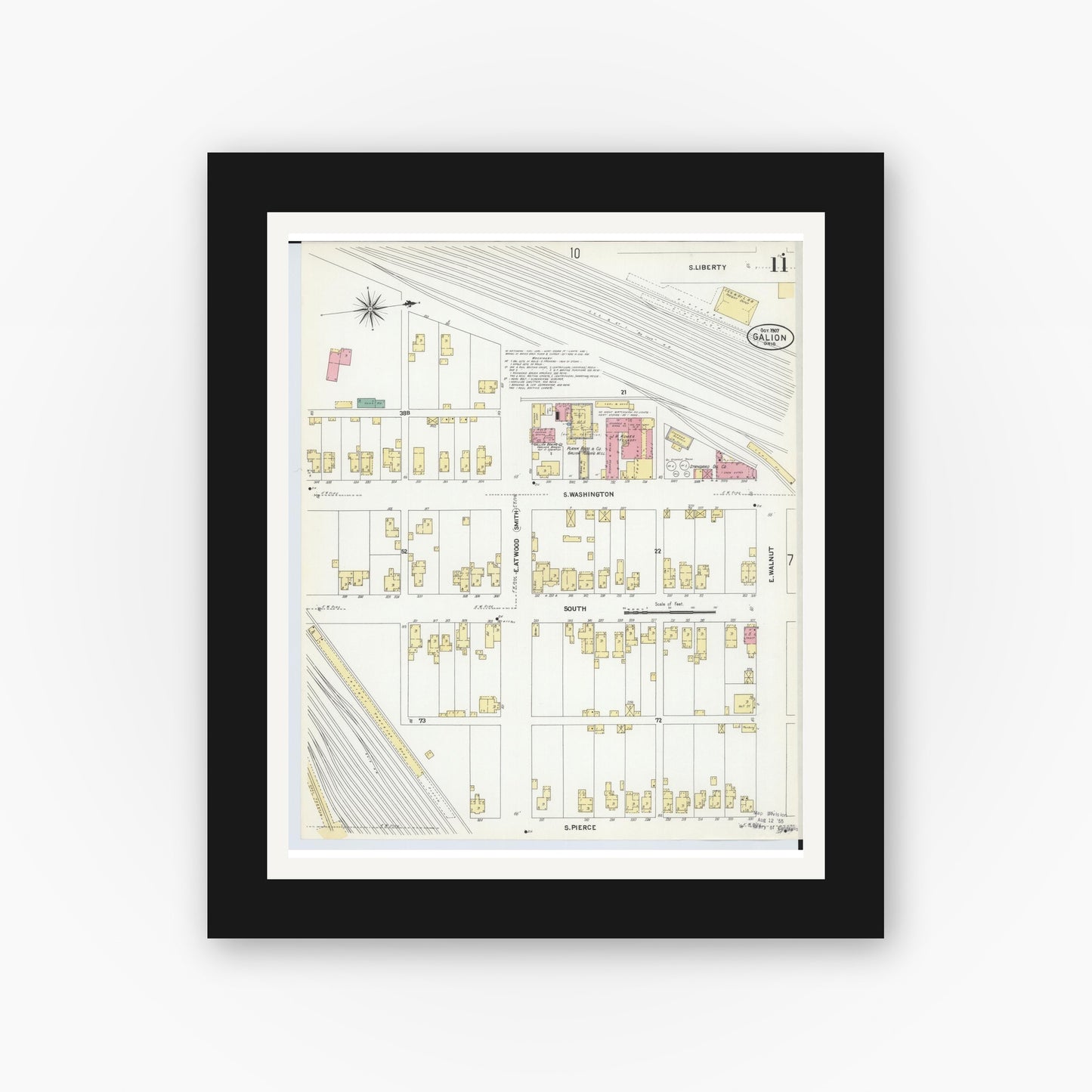 Old map wall art mockup — black gallery frame with white mat — Sanborn Fire Insurance Map from Galion, Crawford County, Ohio (1907), Sheet #0011
