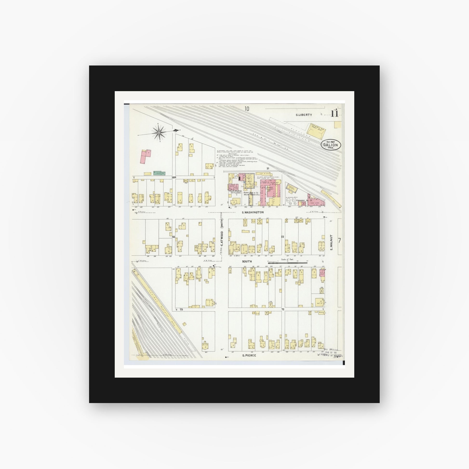 Old map wall art mockup — black gallery frame with white mat — Sanborn Fire Insurance Map from Galion, Crawford County, Ohio (1907), Sheet #0011