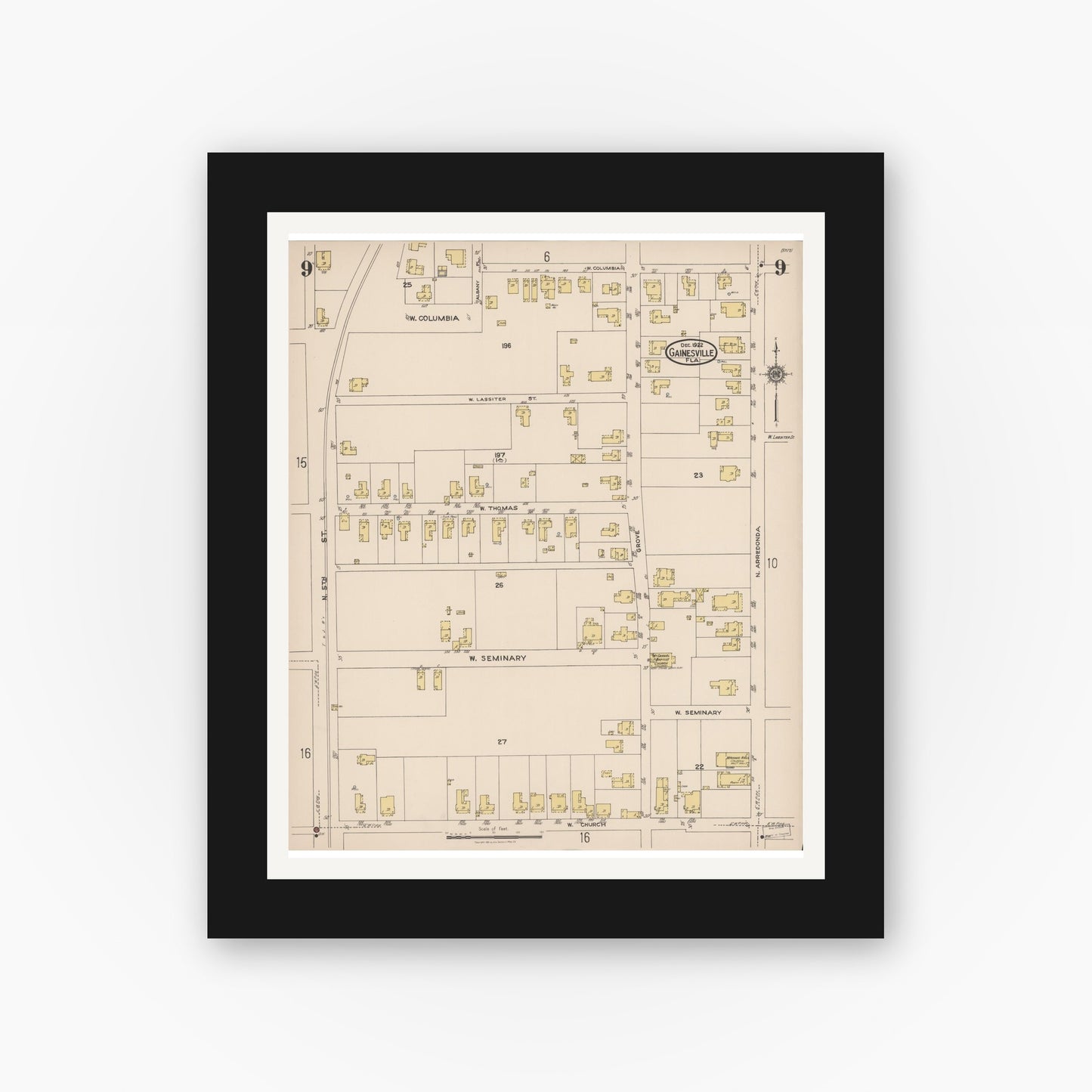 Old map wall art mockup — black gallery frame with white mat — Sanborn Fire Insurance Map from Gainesville, Alachua County, Florida (1922), Sheet #0009