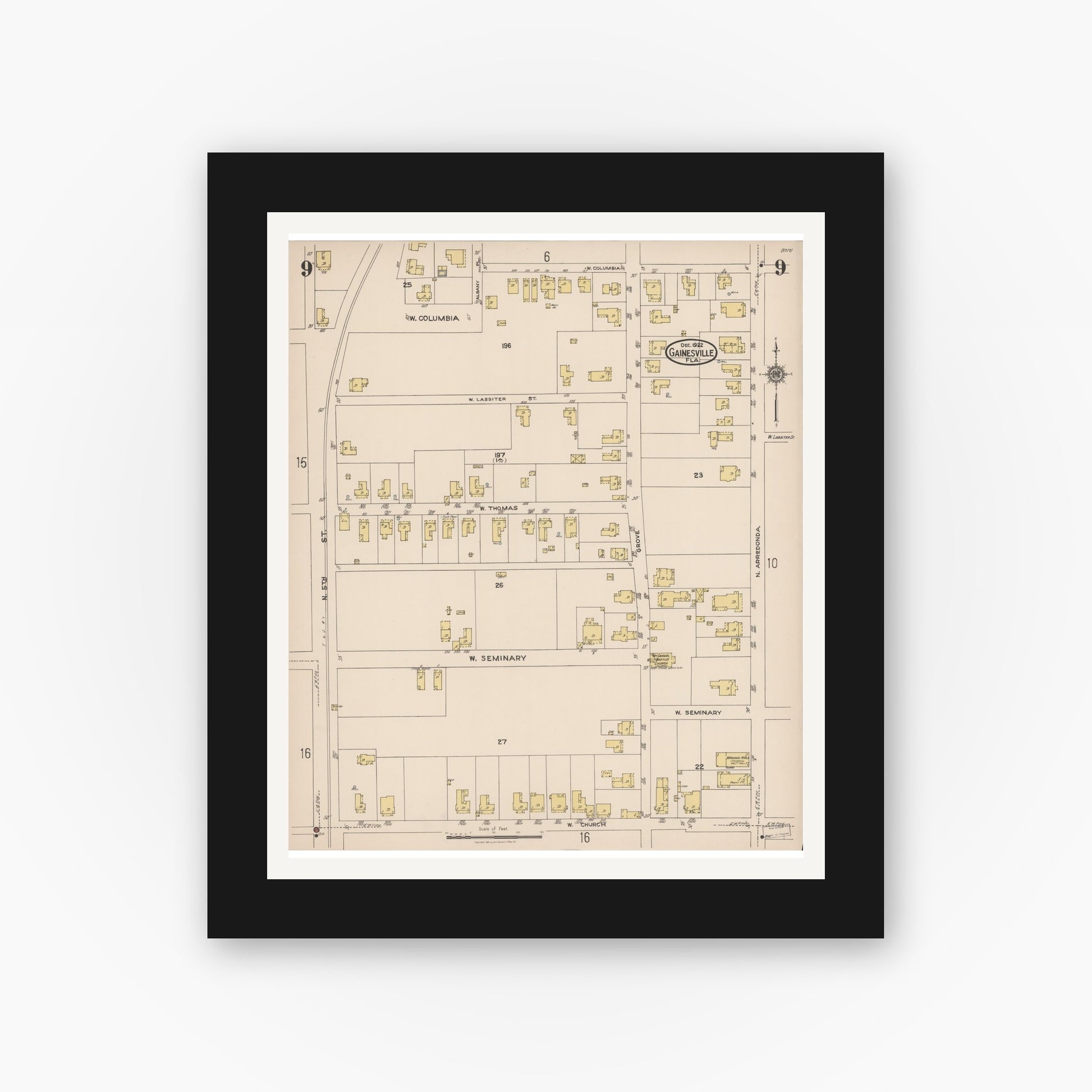 Old map wall art mockup — black gallery frame with white mat — Sanborn Fire Insurance Map from Gainesville, Alachua County, Florida (1922), Sheet #0009