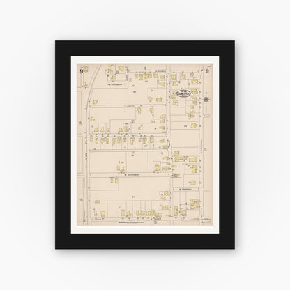 Old map wall art mockup — black gallery frame with white mat — Sanborn Fire Insurance Map from Gainesville, Alachua County, Florida (1922), Sheet #0009