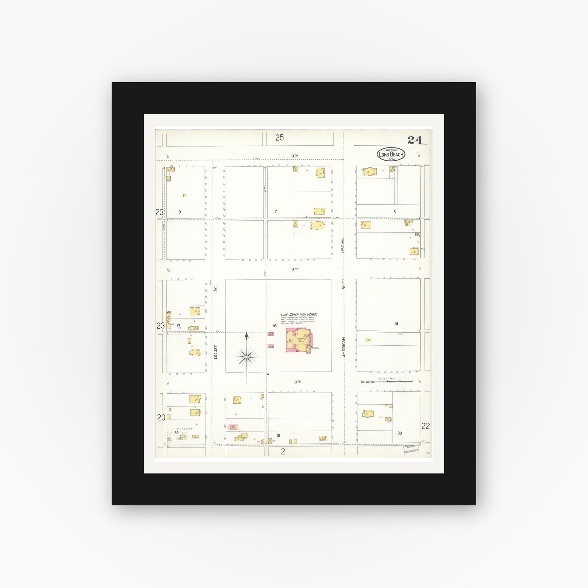 Old map wall art mockup — black gallery frame with white mat — Sanborn Fire Insurance Map from Long Beach, Los Angeles County, California (1902), Sheet #0024