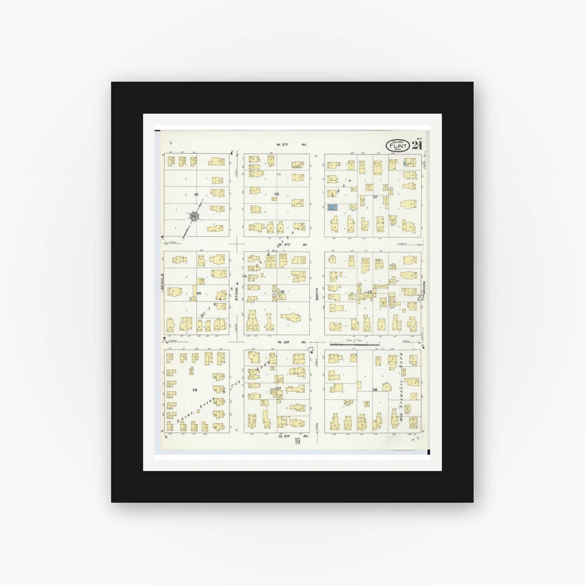 Old map wall art mockup — black gallery frame with white mat — Sanborn Fire Insurance Map from Flint, Genesee County, Michigan (1909), Sheet #0021