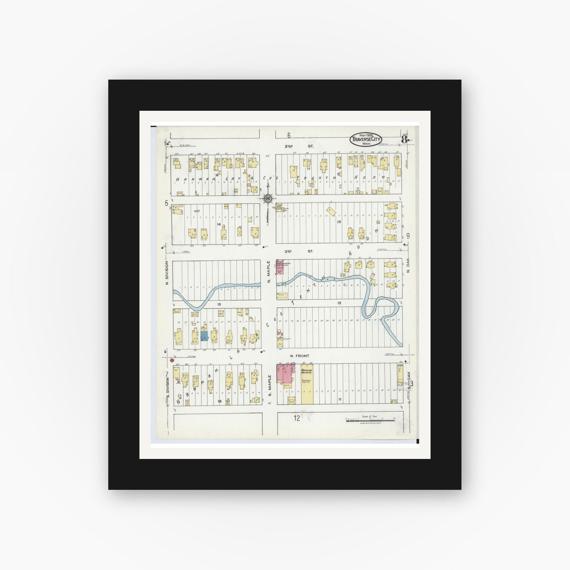 Old map wall art mockup — black gallery frame with white mat — Sanborn Fire Insurance Map from Traverse City, Grand Traverse County, Michigan (1920), Sheet #0008