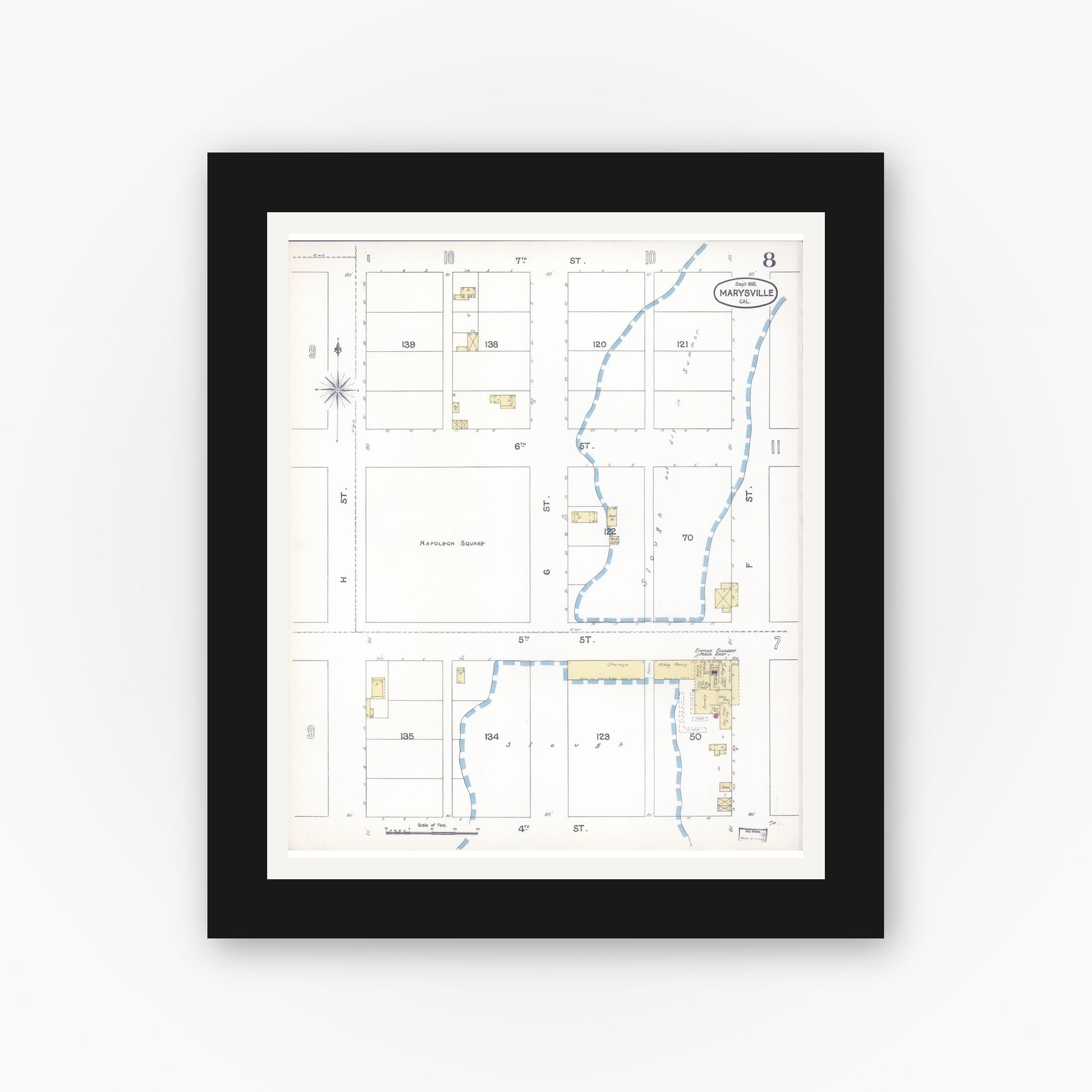 Old map wall art mockup — black gallery frame with white mat — Sanborn Fire Insurance Map from Marysville, Yuba County, California (1895), Sheet #0008