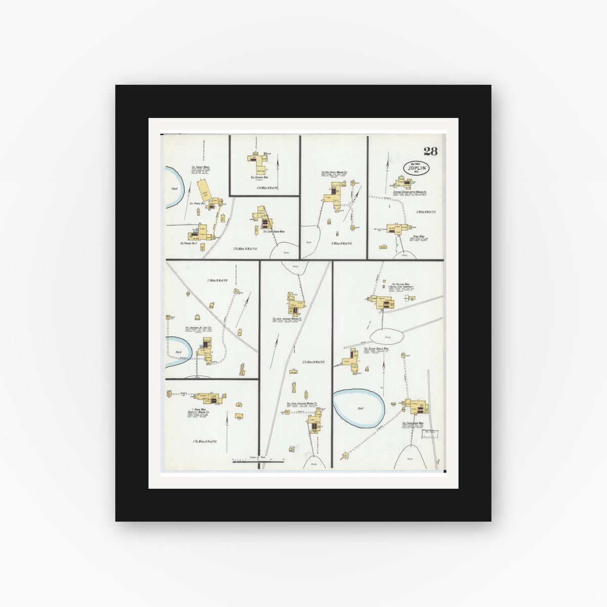 Old map wall art mockup — black gallery frame with white mat — Sanborn Fire Insurance Map from Joplin, Jasper County, Missouri (1900), Sheet #0028
