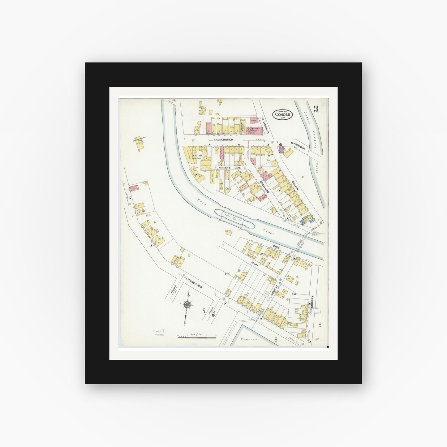 Old map wall art mockup — black gallery frame with white mat — Sanborn Fire Insurance Map from Cohoes, Albany County, New York (1910), Sheet #0003