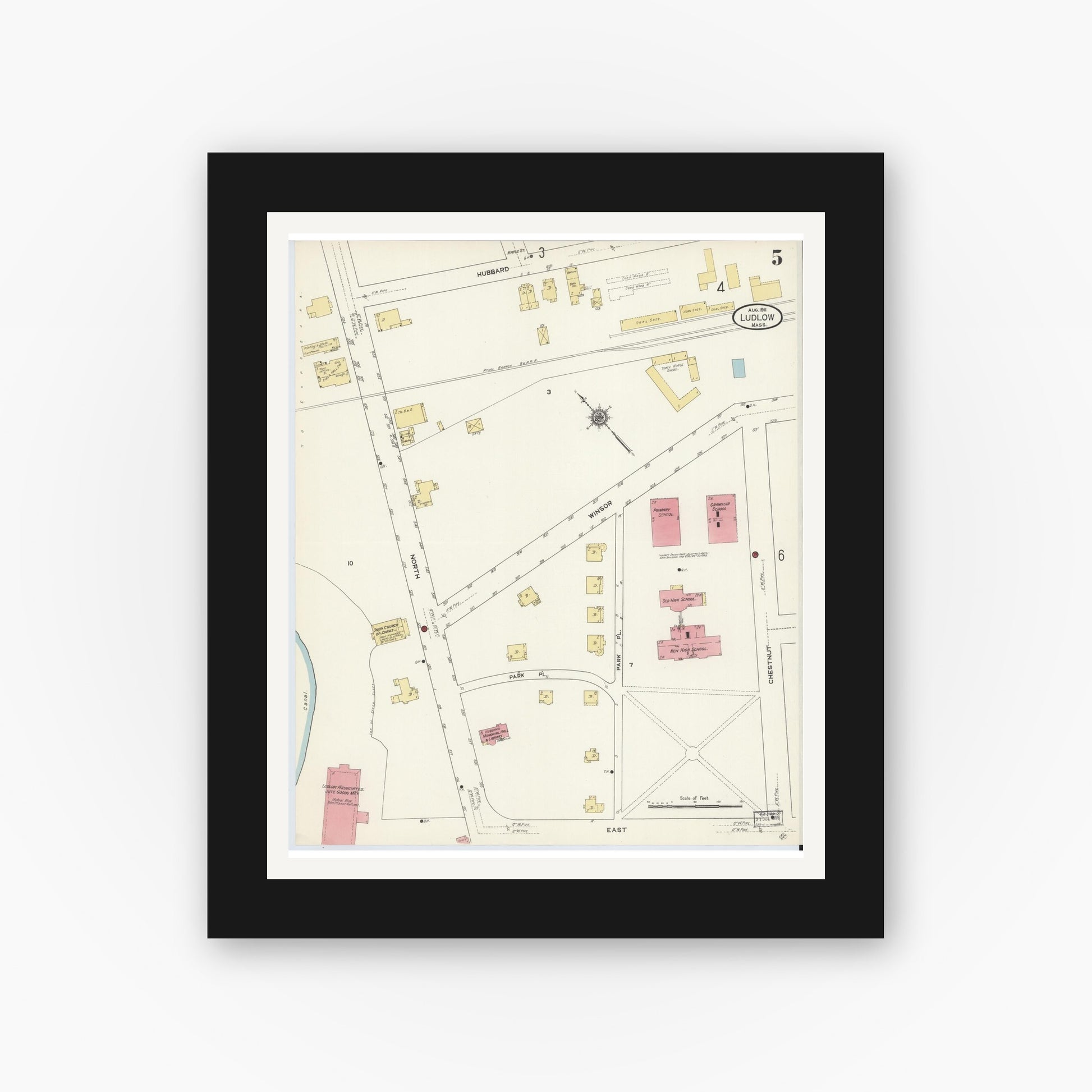 Old map wall art mockup — black gallery frame with white mat — Sanborn Fire Insurance Map from Ludlow, Hampden County, Massachusetts (1911), Sheet #0005