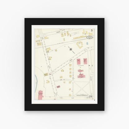 Old map wall art mockup — black gallery frame with white mat — Sanborn Fire Insurance Map from Ludlow, Hampden County, Massachusetts (1911), Sheet #0005