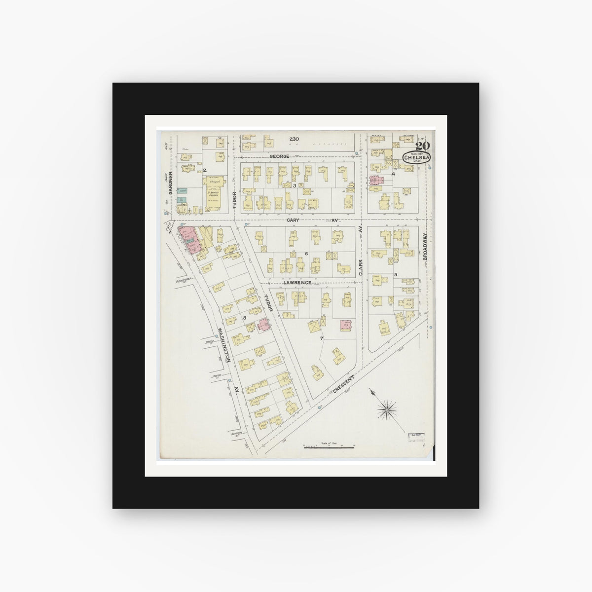 Old map wall art mockup — black gallery frame with white mat — Sanborn Fire Insurance Map from Chelsea, Suffolk County, Massachusetts (1889), Sheet #0020
