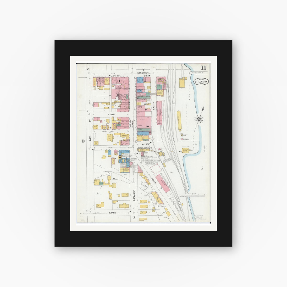 Old map wall art mockup — black gallery frame with white mat — Sanborn Fire Insurance Map from Stillwater, Washington County, Minnesota (1904), Sheet #0011