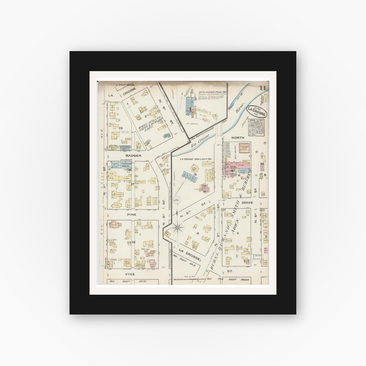 Old map wall art mockup — black gallery frame with white mat — Sanborn Fire Insurance Map from La Crosse, La Crosse County, Wisconsin (1884), Sheet #0011
