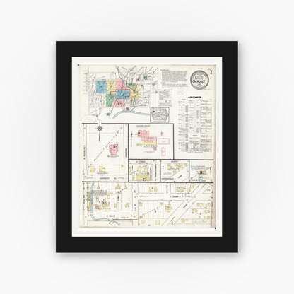 Old map wall art mockup — black gallery frame with white mat — Sanborn Fire Insurance Map from Cherokee, Cherokee County, Iowa (1914), Sheet #0001