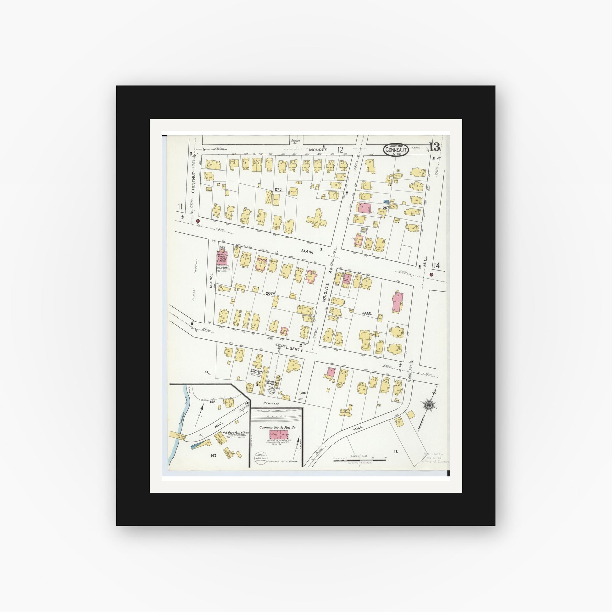 Old map wall art mockup — black gallery frame with white mat — Sanborn Fire Insurance Map from Conneaut, Ashtabula County, Ohio (1919), Sheet #0013