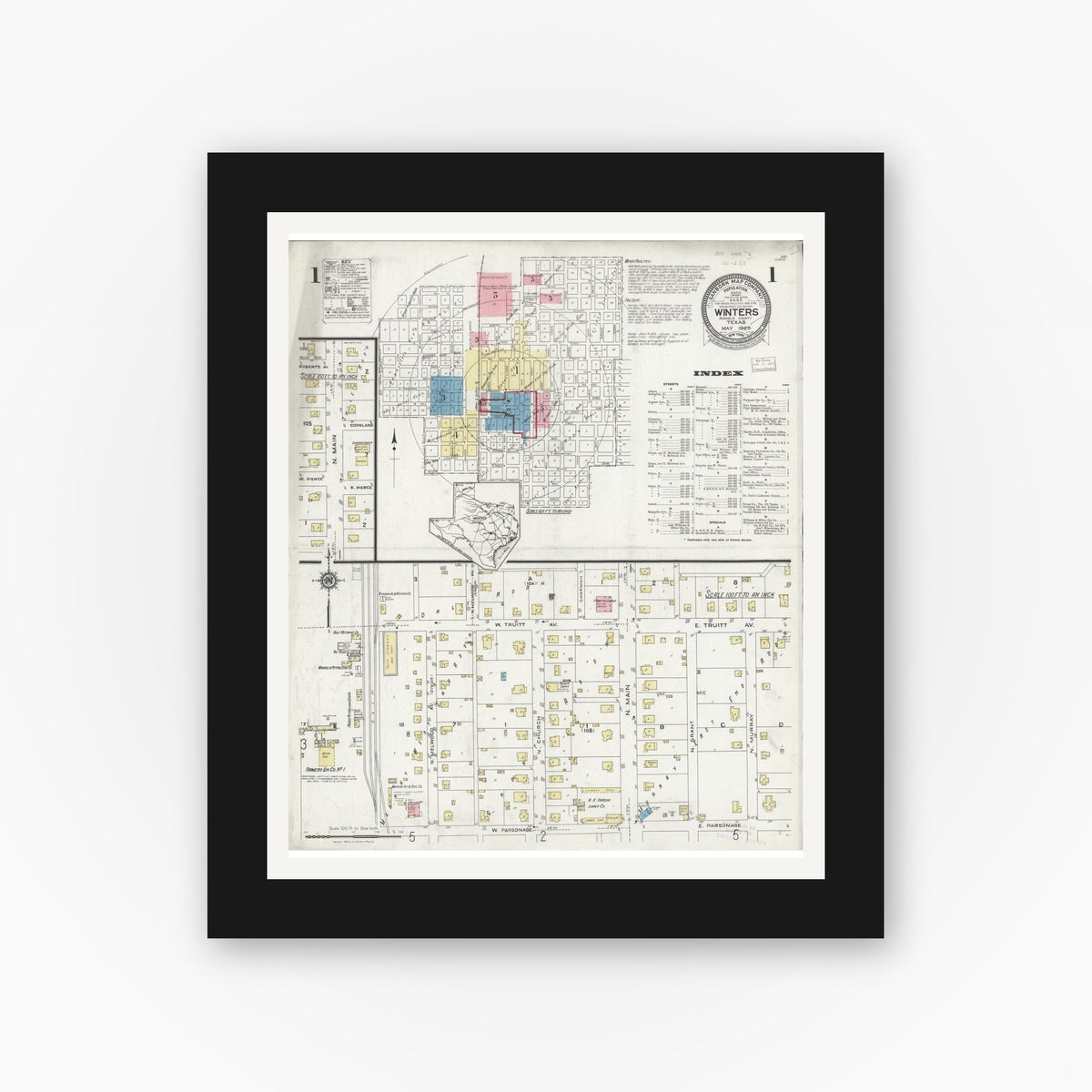 Old map wall art mockup — black gallery frame with white mat — Sanborn Fire Insurance Map from Winters, Runnels County, Texas (1925) - Complete Map Set