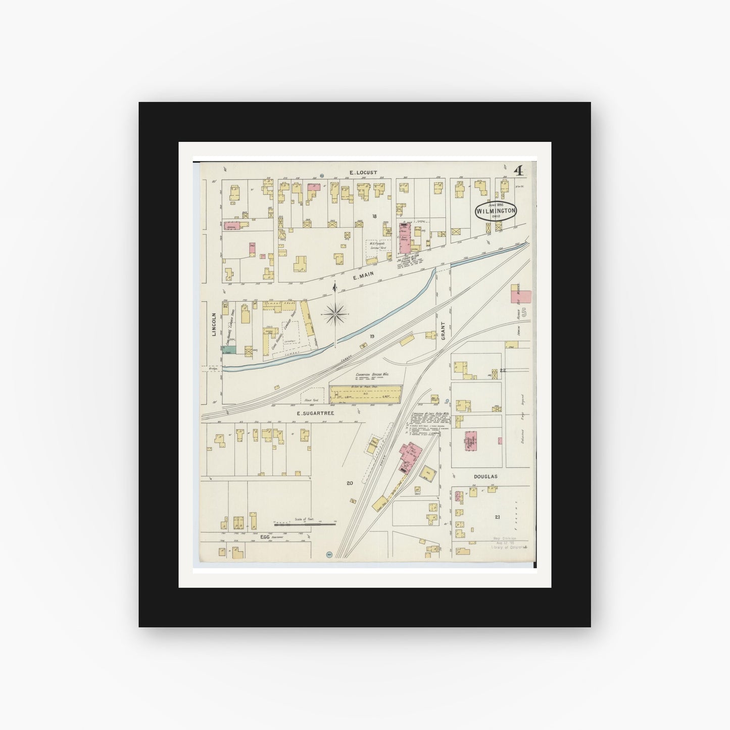 Old map wall art mockup — black gallery frame with white mat — Sanborn Fire Insurance Map from Wilmington, Clinton County, Ohio (1895), Sheet #0004