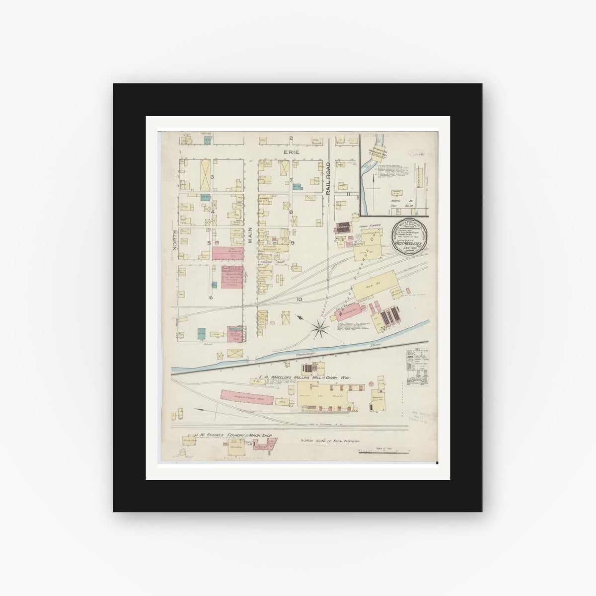 Old map wall art mockup — black gallery frame with white mat — Sanborn Fire Insurance Map from West Middlesex, Mercer County, Pennsylvania (1886), Sheet #0001