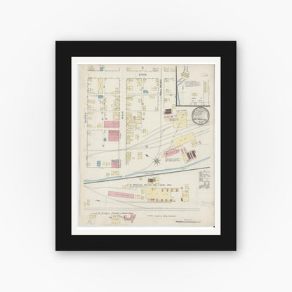 Old map wall art mockup — black gallery frame with white mat — Sanborn Fire Insurance Map from West Middlesex, Mercer County, Pennsylvania (1886), Sheet #0001